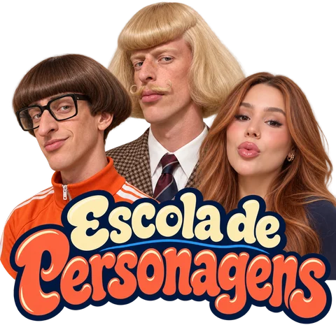 Logo da Escola de Personagens com três personagens de IA